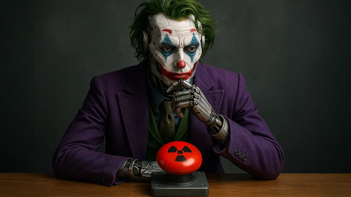 Ein Clown vor einem Atomknopf